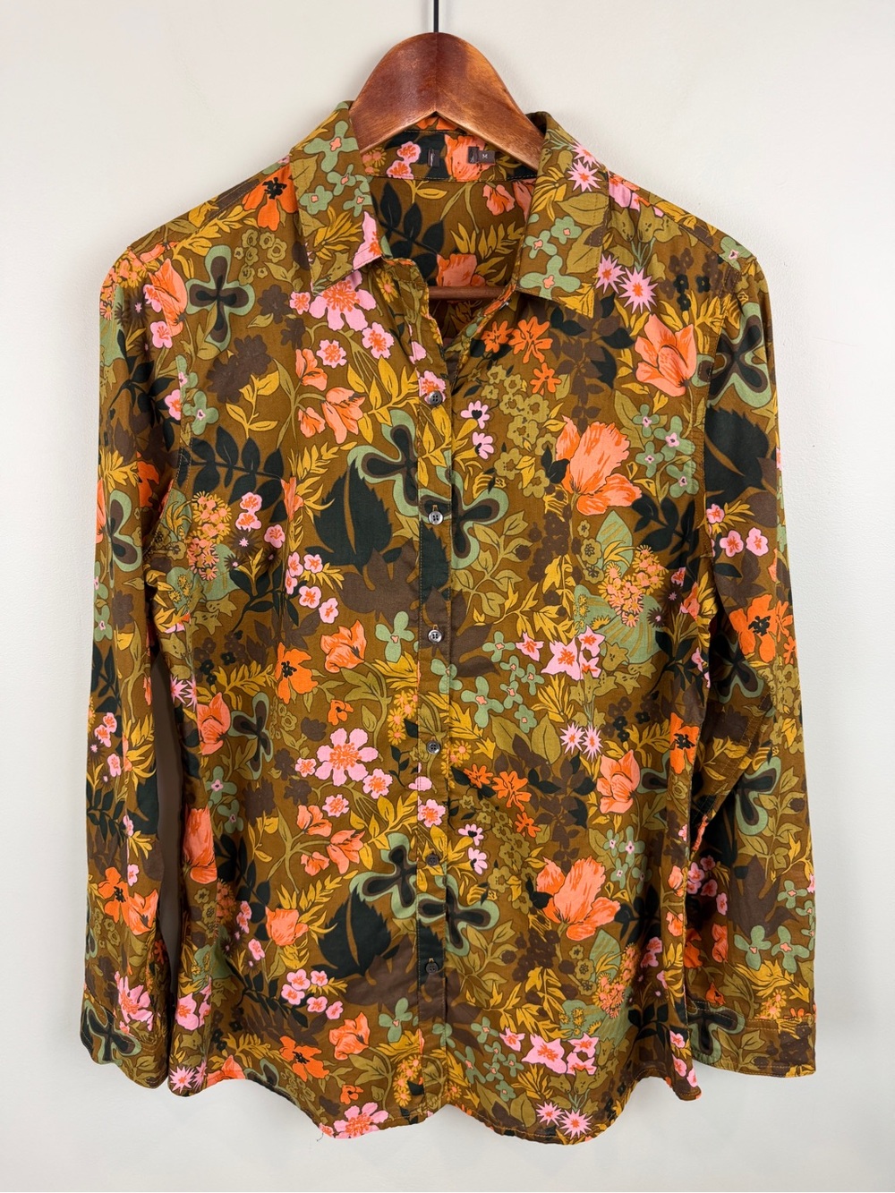 J.McLaughlin long-sleeve cotton button-down blouse Retro fall floral print sz M.